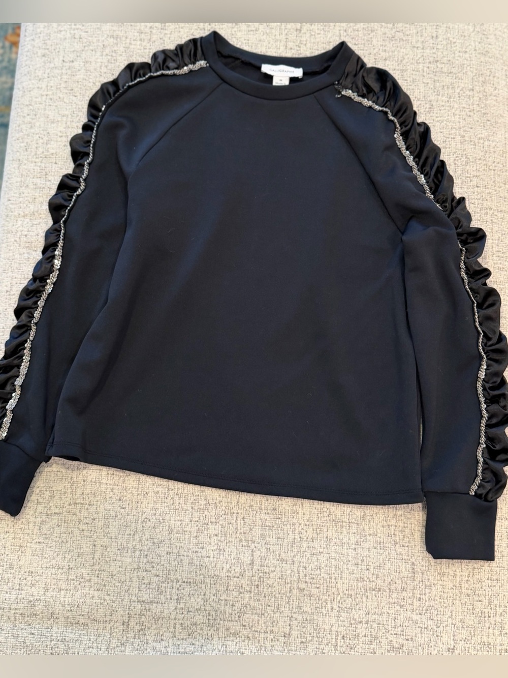 CALLIGRAPHIE Women’s Black Ruffle Sleeve Embellished Sweatshirt Pullover Size XS
